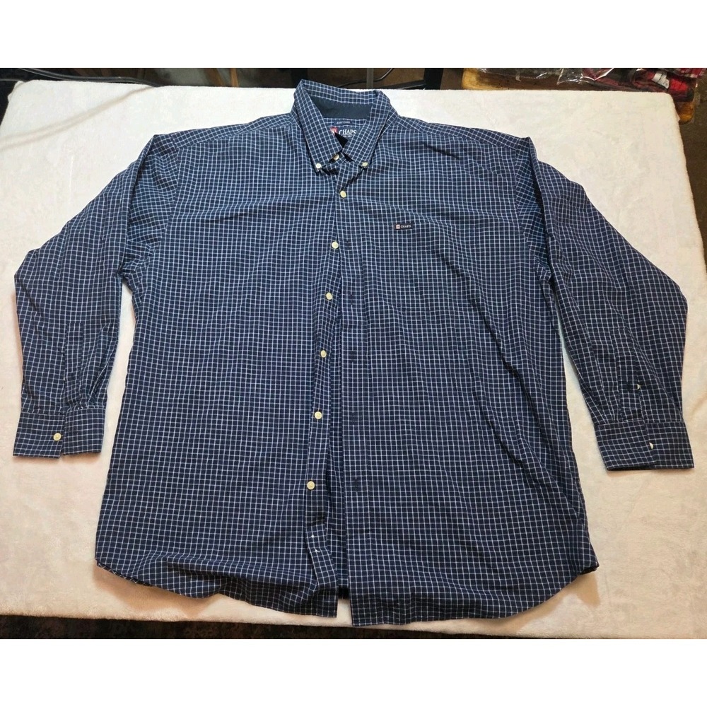 M368 CHAPS Big & Tall 2XB Navy Blue Plaid Long Sleeve Button Down Shirt Easy...